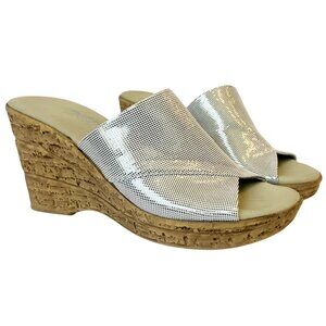 Onex Christina 2 Shiny White/Silver Slip On COMFORT Wedge Heel Sandals Sz 4.5